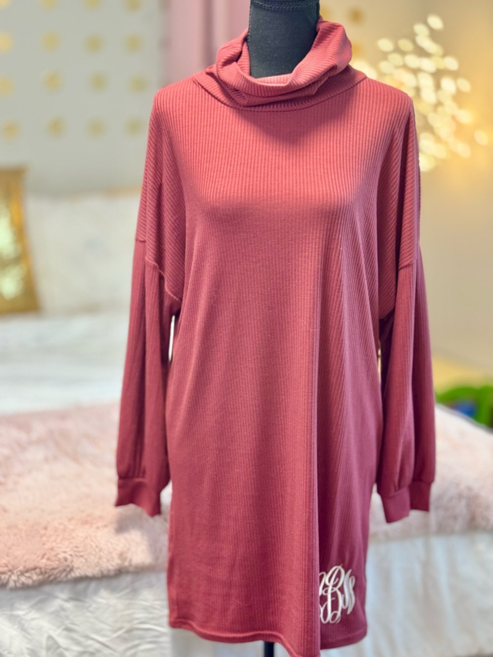 Jordann Ribbed Cowl Neck Tunic Dress M Mauve Pink Monogram Oversized Cozy
